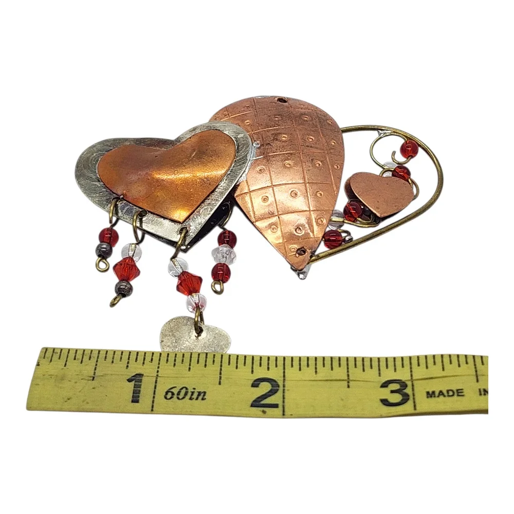 Vintage BIG Multi Puffy Heart Dangle Brooch Pin Red Beads Mixed Metal Handmade - Picture 3 of 6